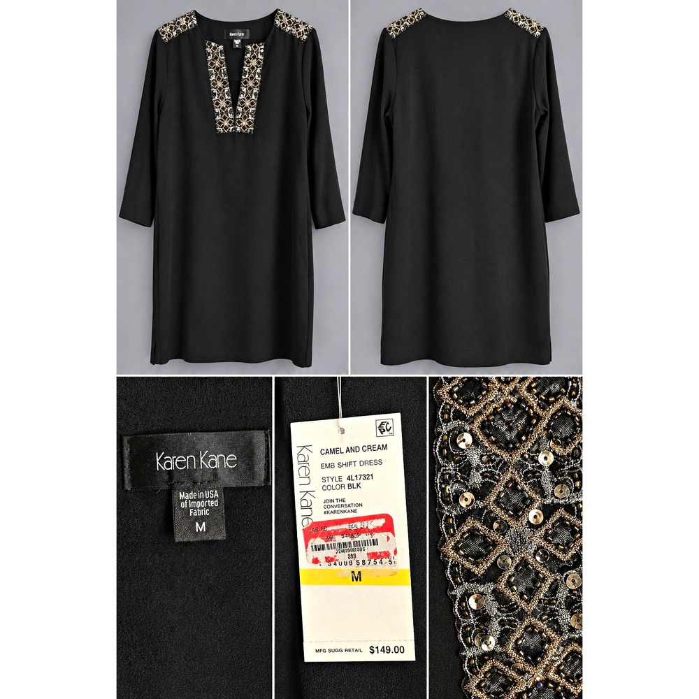 Karen Kane Black Embellished Shift Dress Size M NWT Beaded $149 MSRP. Vid 15